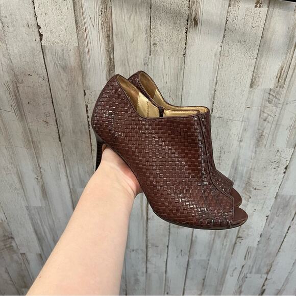 Cole Haan Brown Woven Leather Peep Toe Booties - Picture 1 of 9